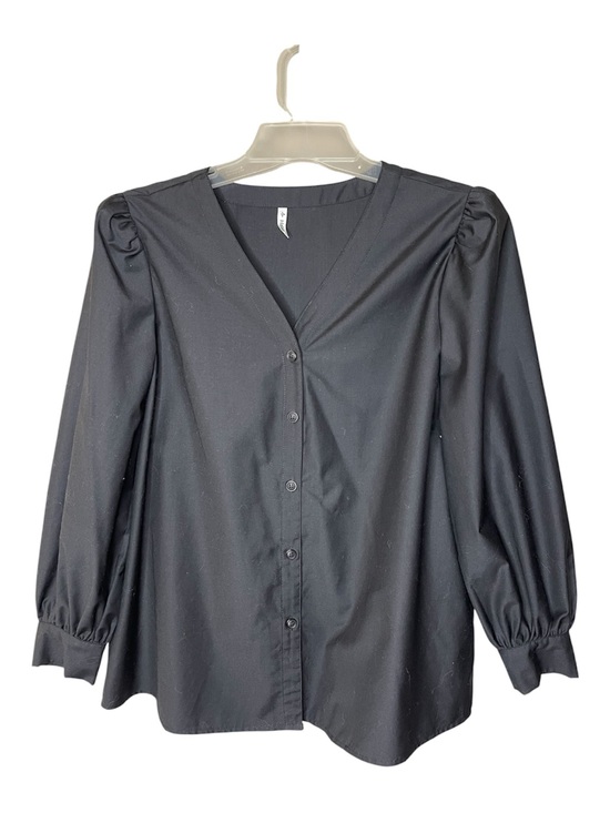 HALARA Tops - HALARA Black Button-Front V-Neck Puff Sleeve Shirt Sz L